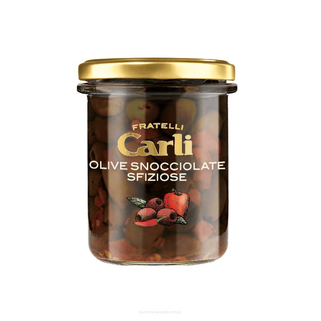 Mix oliwek bez pestek z kawałkami papryki i peperoncino, Carli, 170g