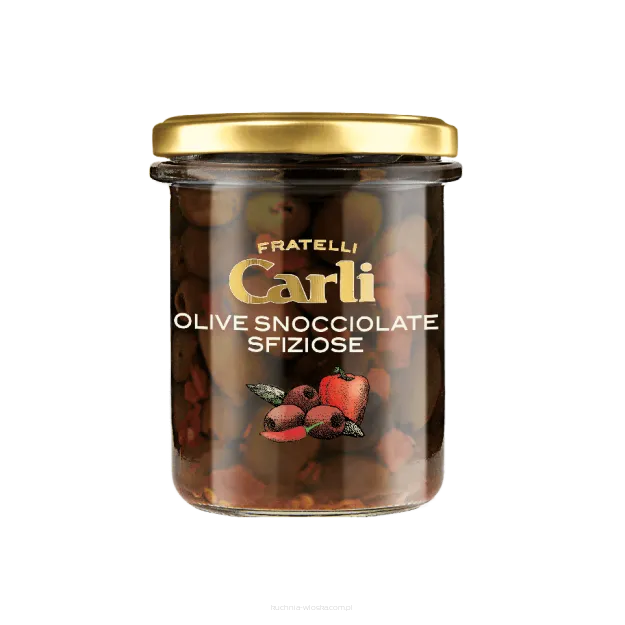 Mix oliwek bez pestek z kawałkami papryki i peperoncino, Carli, 170g