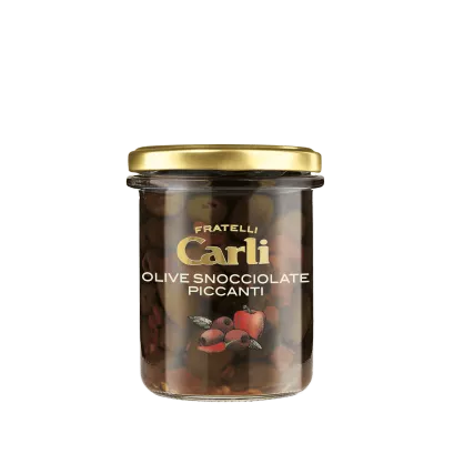 Mix oliwek bez pestek z kawałkami papryki i peperoncino, Carli, 170g