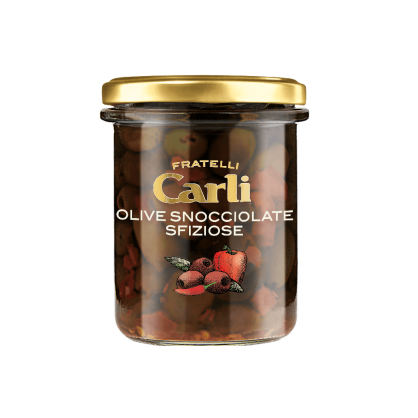 Mix oliwek bez pestek z kawałkami papryki i peperoncino, Carli, 170g