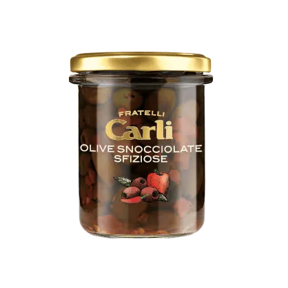 Mix oliwek bez pestek z kawałkami papryki i peperoncino, Carli, 170g
