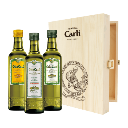 Drewniana skrzynka prezentowa z kolekcją oliw extravergine, Fratelli Carli