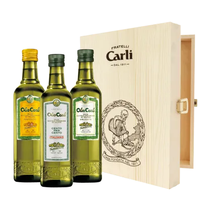 Drewniana skrzynka prezentowa z kolekcją oliw extravergine, Fratelli Carli